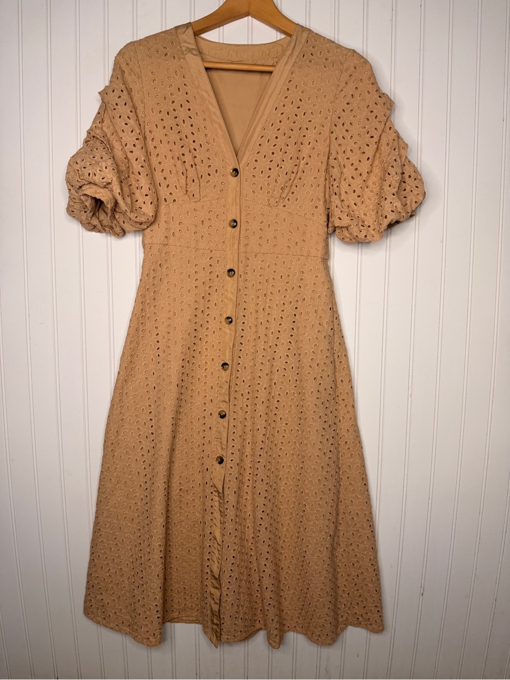 MOTF Schiffy Eyelet Khaki Cotton Bishop Sleeve Button Front Midi Dress XS